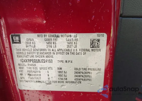 2011 GMC Acadia Sle из США, поврежденный, VIN 1GKKRPED5BJ224160